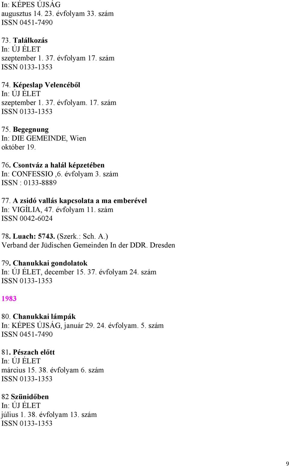 A zsidó vallás kapcsolata a ma emberével In: VIGÍLIA, 47. évfolyam 11. szám ISSN 0042-6024 78. Luach: 5743. (Szerk.: Sch. A.) Verband der Jüdischen Gemeinden In der DDR. Dresden 79.