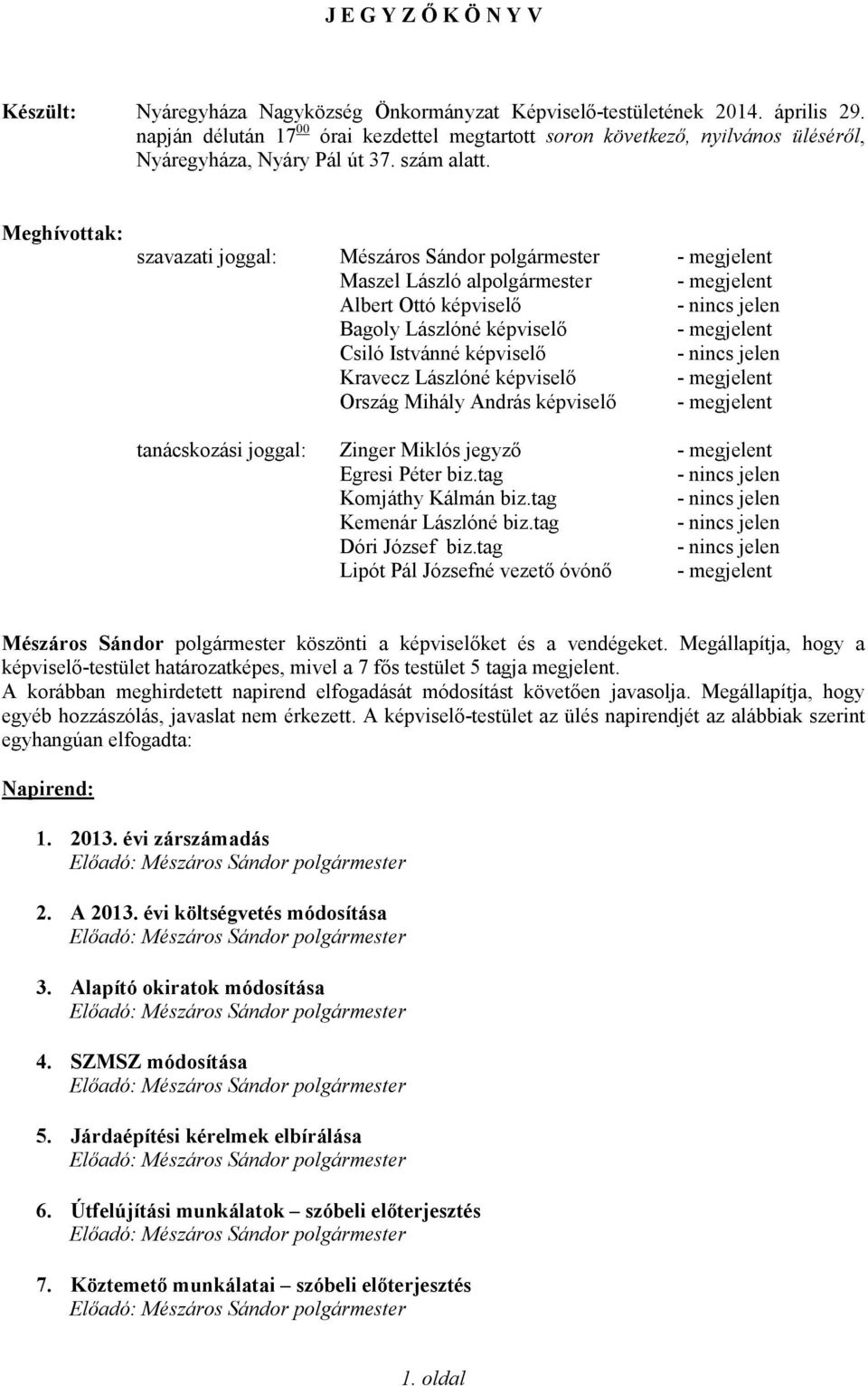 Meghívottak: szavazati joggal: Mészáros Sándor polgármester - megjelent Maszel László alpolgármester - megjelent Albert Ottó képviselő - nincs jelen Bagoly Lászlóné képviselő - megjelent Csiló