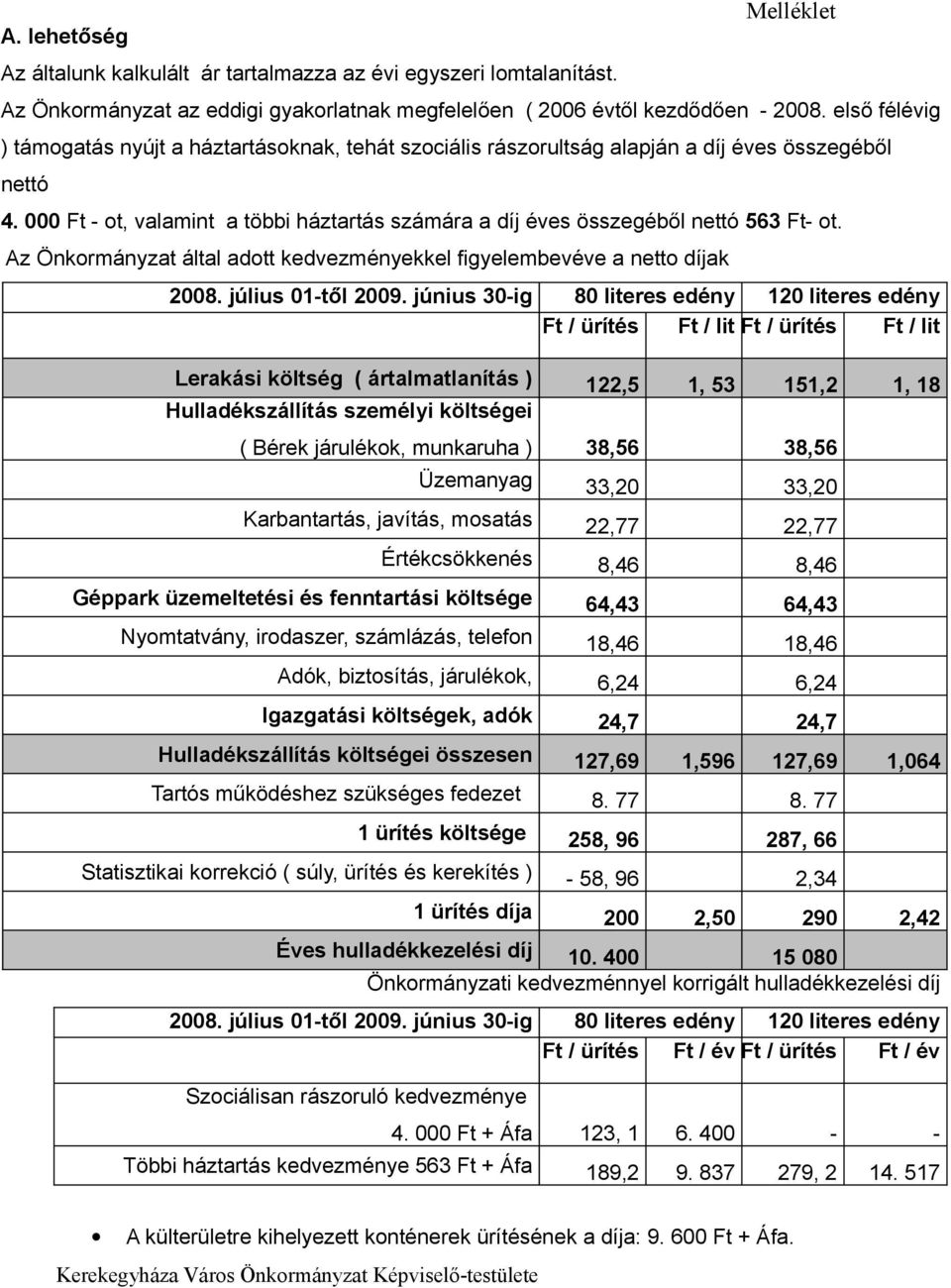 000 Ft - ot, valamint a többi háztartás számára a díj éves összegéből nettó 563 Ft- ot. Az Önkormányzat által adott kedvezményekkel figyelembevéve a netto díjak 2008. július 01-től 2009.