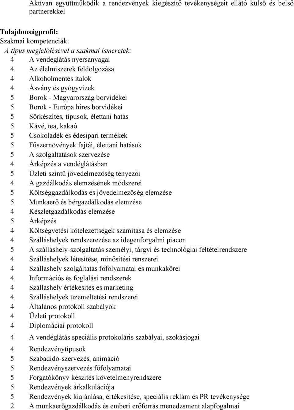 Kávé, tea, kakaó 5 sokoládék és édesipari termékek 5 Fűszernövények fajtái, élettani hatásuk 5 A szolgáltatások szervezése 4 Árképzés a vendéglátásban 5 Üzleti szintű jövedelmezőség tényezői 4 A