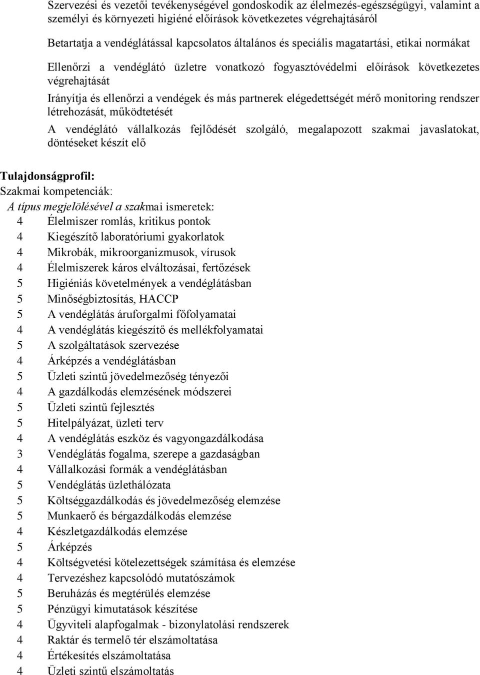 elégedettségét mérő monitoring rendszer létrehozását, működtetését A vendéglátó vállalkozás fejlődését szolgáló, megalapozott szakmai javaslatokat, döntéseket készít elő Tulajdonságprofil: Szakmai