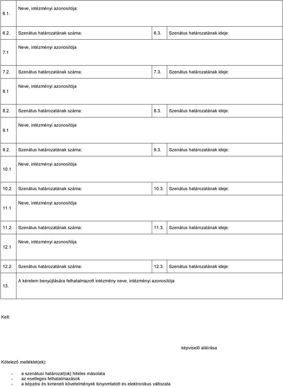 1 Neve, intézményi azonosítója 10.2. Szenátus határozatának száma: 10.3. Szenátus határozatának ideje: 11.1 Neve, intézményi azonosítója 11.2. Szenátus határozatának száma: 11.3. Szenátus határozatának ideje: 12.