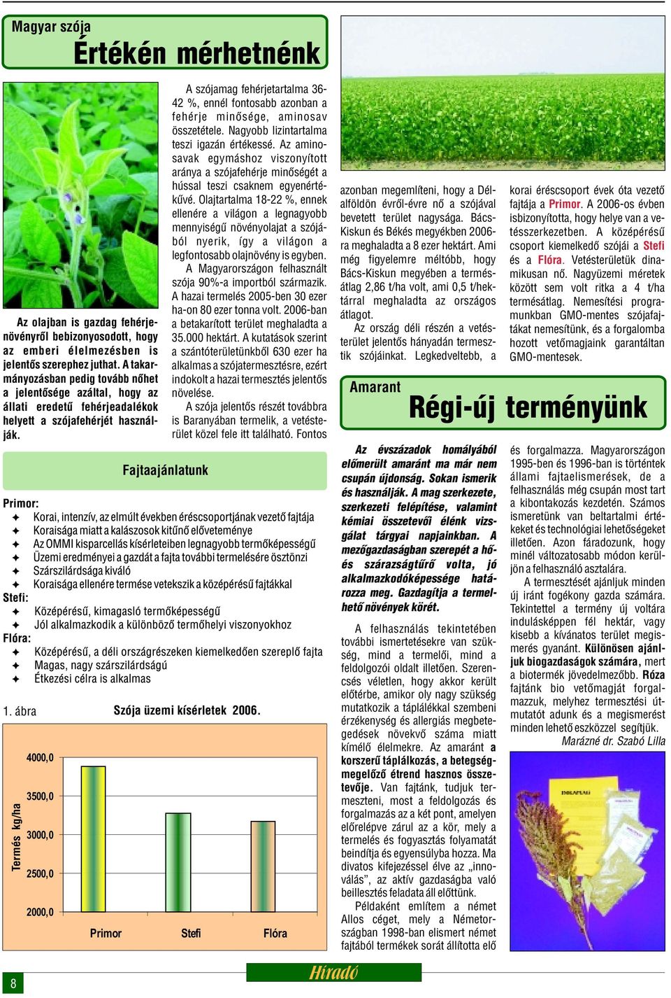 Fajtaajánlatunk A szójamag fehérjetartalma 36-42 %, ennél fontosabb azonban a fehérje minõsége, aminosav összetétele. Nagyobb lizintartalma teszi igazán értékessé.