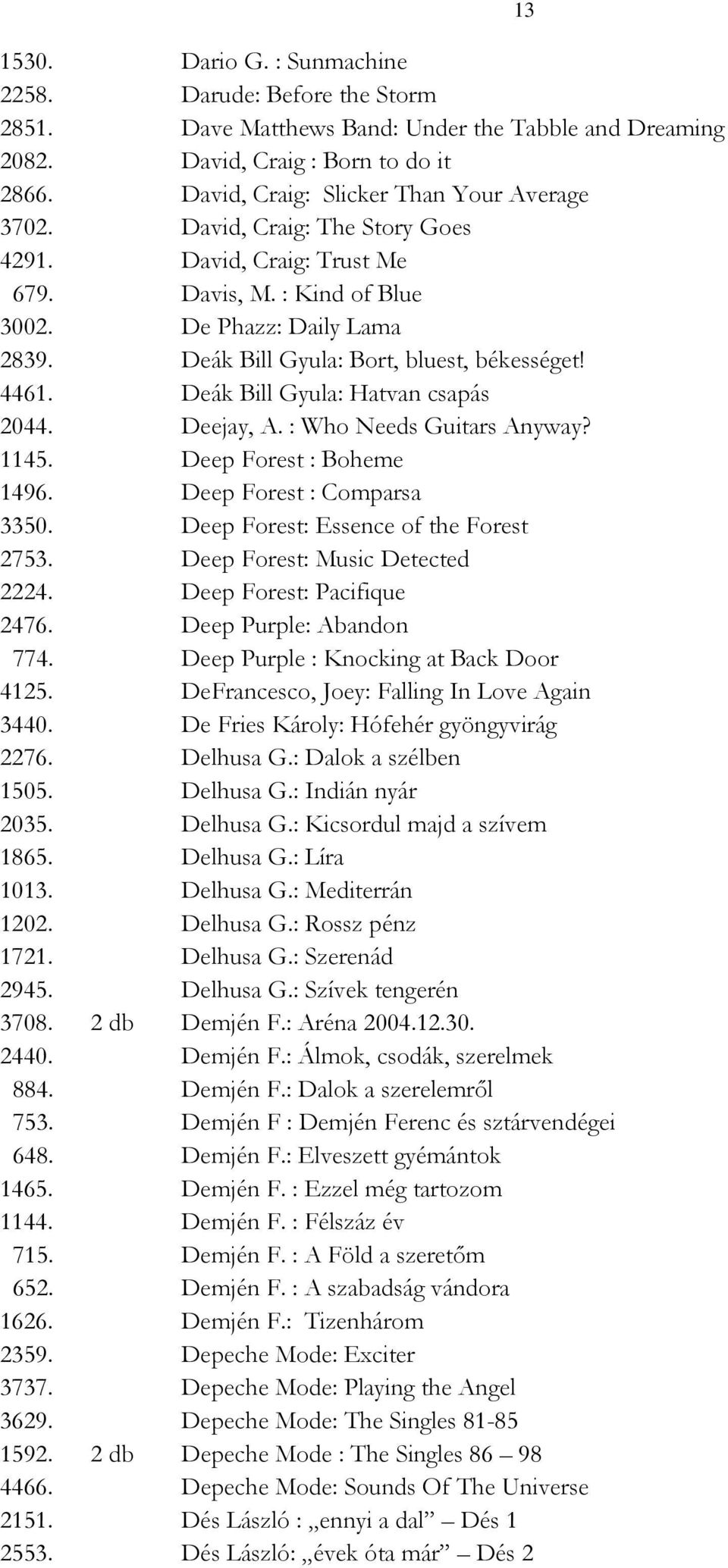 Deák Bill Gyula: Bort, bluest, békességet! 4461. Deák Bill Gyula: Hatvan csapás 2044. Deejay, A. : Who Needs Guitars Anyway? 1145. Deep Forest : Boheme 1496. Deep Forest : Comparsa 3350.