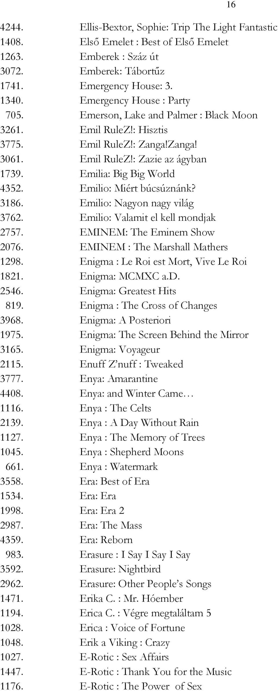 Emilio: Miért búcsúznánk? 3186. Emilio: Nagyon nagy világ 3762. Emilio: Valamit el kell mondjak 2757. EMINEM: The Eminem Show 2076. EMINEM : The Marshall Mathers 1298.