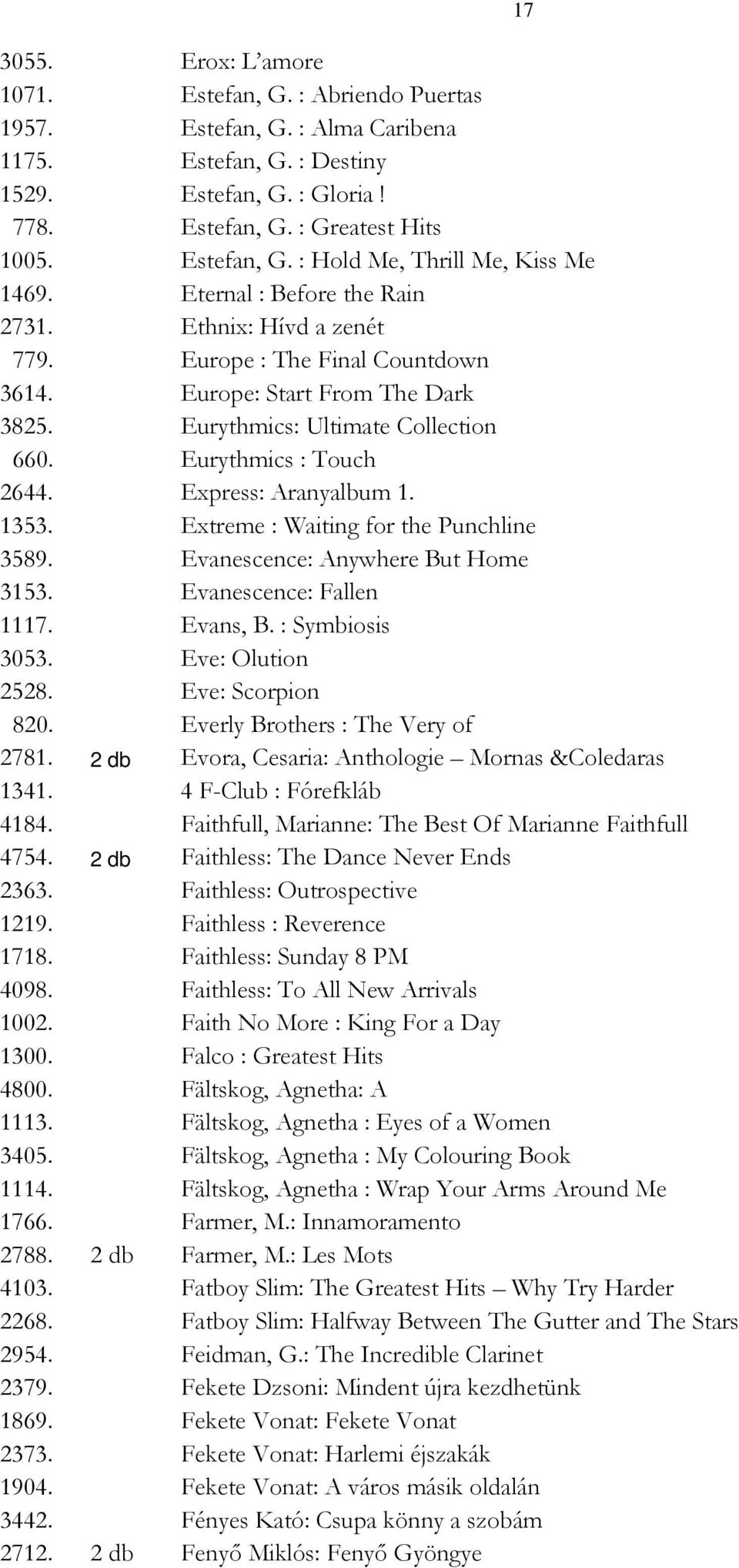 Express: Aranyalbum 1. 1353. Extreme : Waiting for the Punchline 3589. Evanescence: Anywhere But Home 3153. Evanescence: Fallen 1117. Evans, B. : Symbiosis 3053. Eve: Olution 2528. Eve: Scorpion 820.