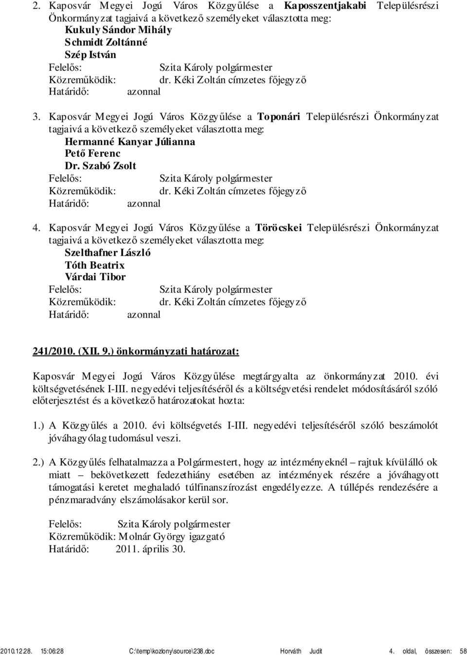 Kaposvár Megyei Jogú Város Közgyűlése a Toponári Településrészi Önkormányzat tagjaivá a következő személyeket választotta meg: Hermanné Kanyar Júlianna Pető Ferenc Dr. Szabó Zsolt dr.