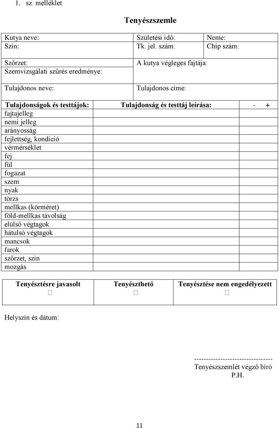 Tulajdonság és testtáj leírása: - + fajtajelleg nemi jelleg arányosság fejlettség, kondíció vérmérséklet fej fül fogazat szem nyak törzs mellkas (körméret)