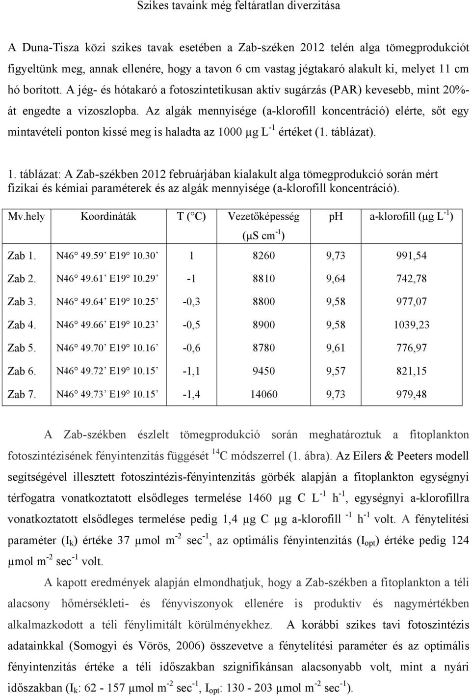 Az algák mennyisége (a-klorofill koncentráció) elérte, sőt egy mintavételi ponton kissé meg is haladta az 10