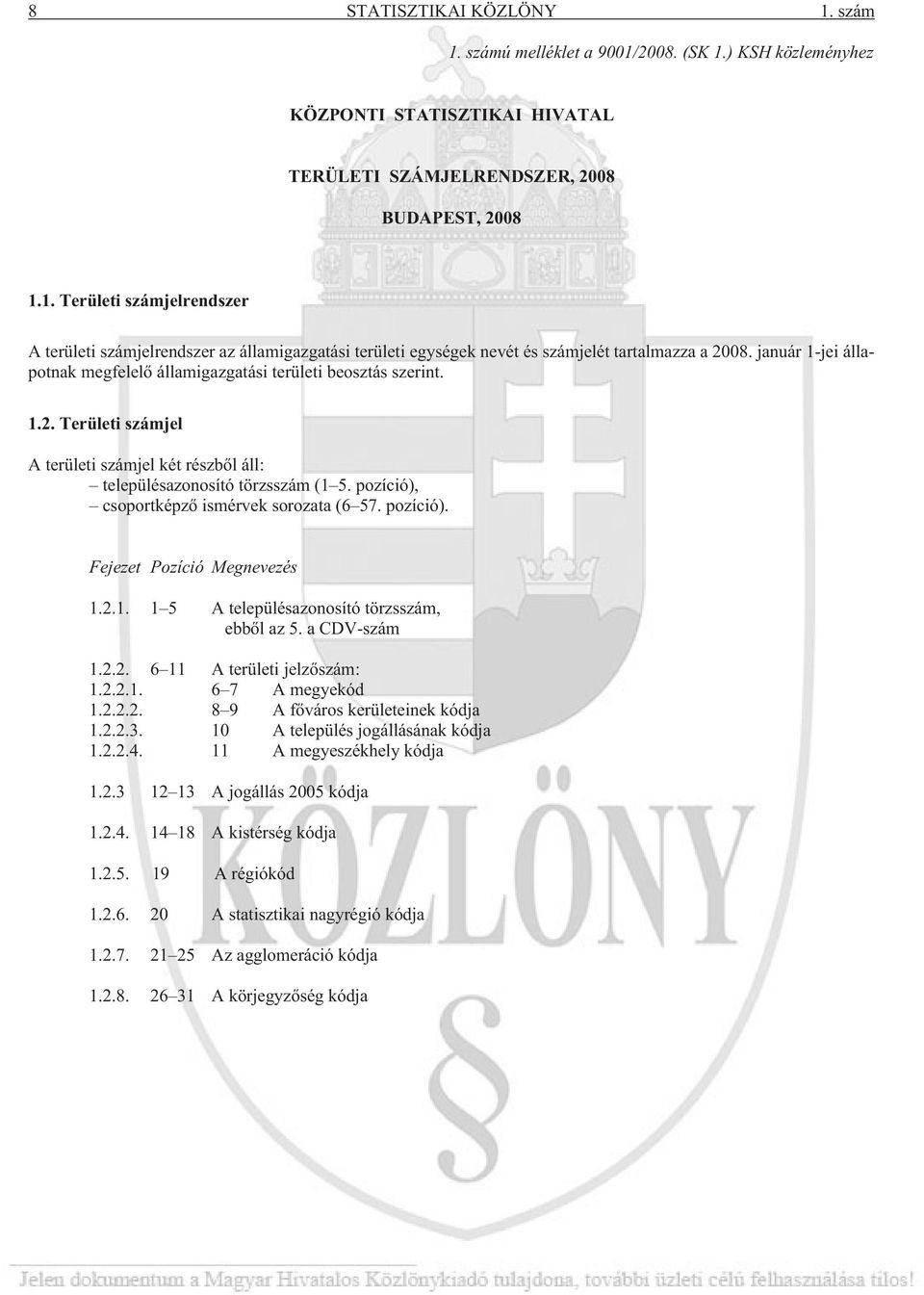 pozíció). Fejezet Pozíció Megnevezés 1.2.1. 1 5 A településazonosító, ebbõl az 5. a CDV-szám 1.2.2. 6 11 A területi : 1.2.2.1. 6 7 A megye 1.2.2.2. 8 9 A fõváros kerületeinek 1.2.2.3.