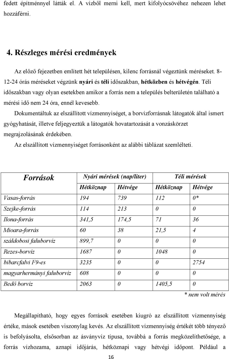 Téli időszakban vagy olyan esetekben amikor a forrás nem a település belterületén található a mérési idő nem 24 óra, ennél kevesebb.