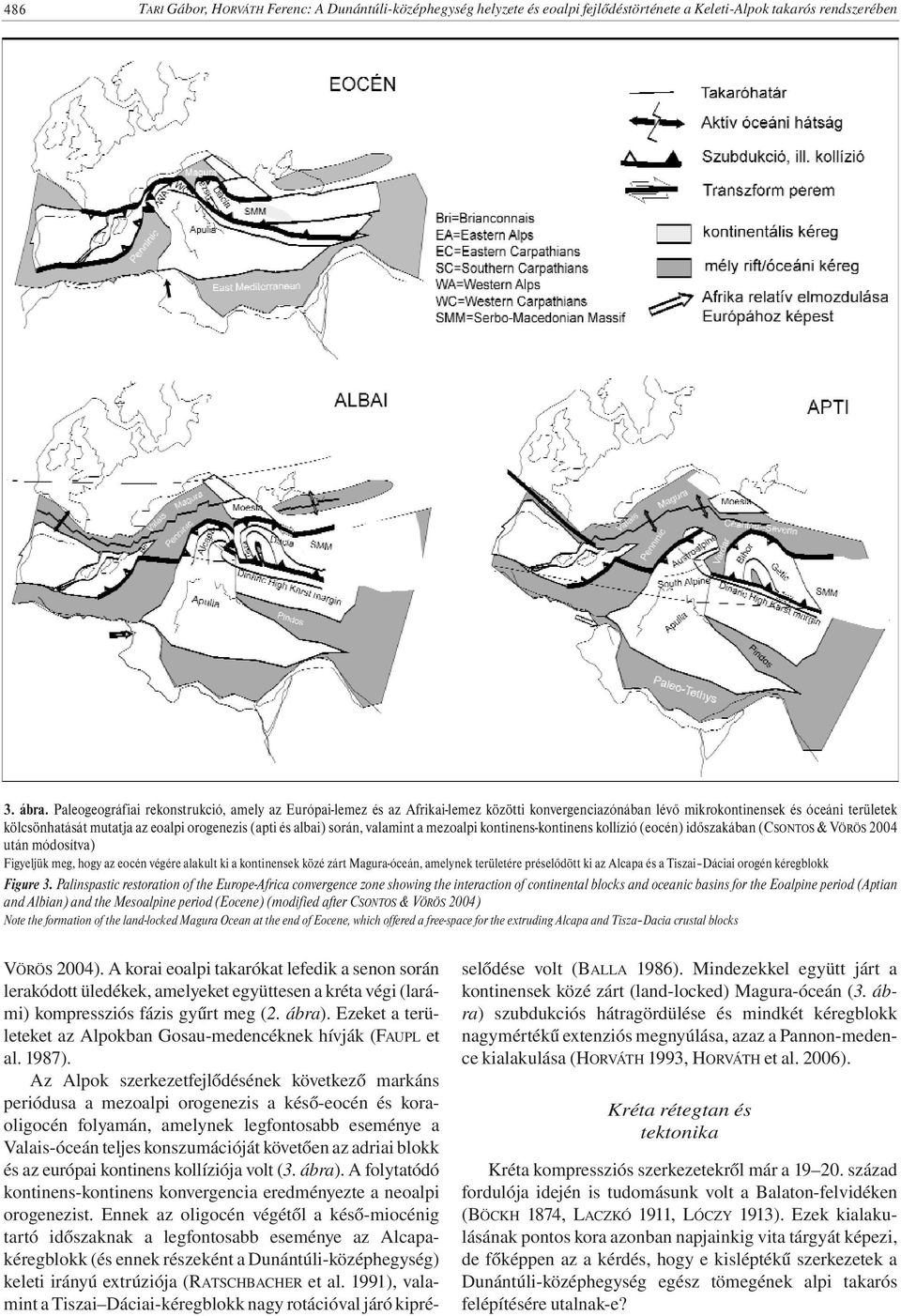 albai) során, valamint a mezoalpi kontinens-kontinens kollízió (eocén) időszakában (CSONTOS & VÖRÖS 2004 után módosítva) Figyeljük meg, hogy az eocén végére alakult ki a kontinensek közé zárt