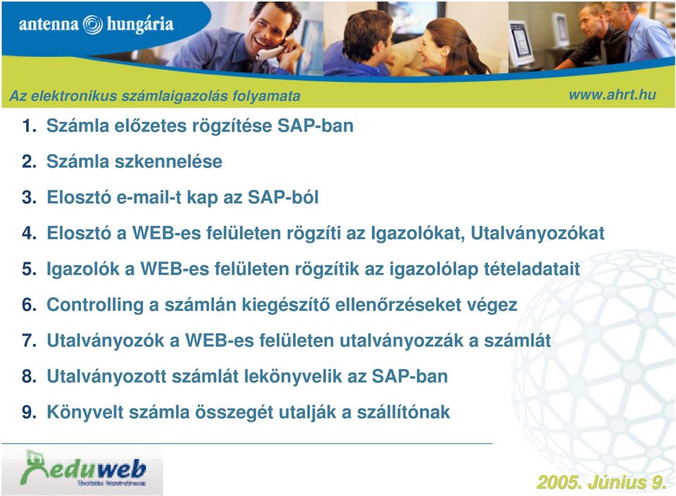 Igazolók a WEB-es felületen rögzítik az igazolólap tételadatait 6. Controlling a számlán kiegészítő ellenőrzéseket végez 7.