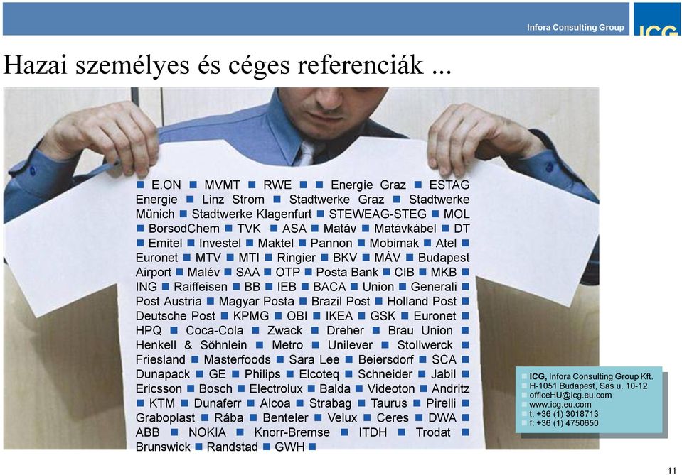 Atel Euronet MTV MTI Ringier BKV MÁV Budapest Airport Malév SAA OTP Posta Bank CIB MKB ING Raiffeisen BB IEB BACA Union Generali Post Austria Magyar Posta Brazil Post Holland Post Deutsche Post KPMG