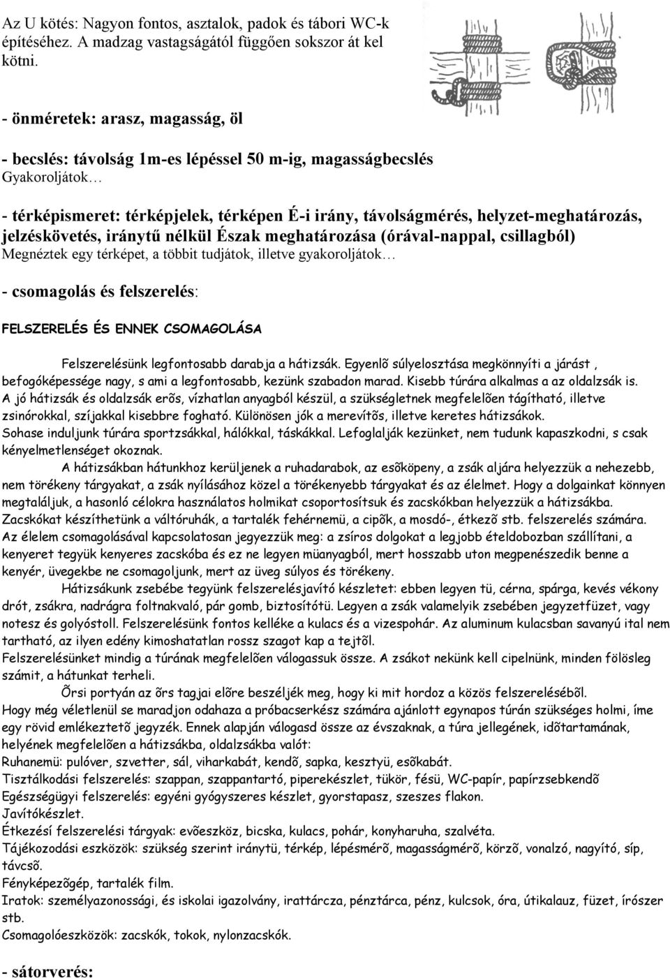 jelzéskövetés, iránytű nélkül Észak meghatározása (órával-nappal, csillagból) Megnéztek egy térképet, a többit tudjátok, illetve gyakoroljátok - csomagolás és felszerelés: FELSZERELÉS ÉS ENNEK