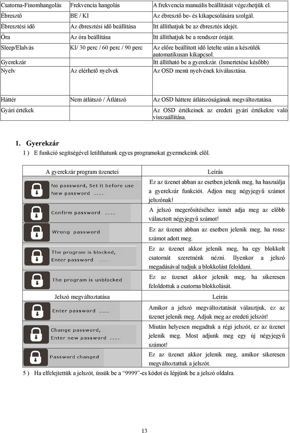 Sleep/Elalvás KI/ 30 perc / 60 perc / 90 perc Az előre beállított idő letelte után a készülék automatikusan kikapcsol. Gyerekzár Itt állítható be a gyerekzár.