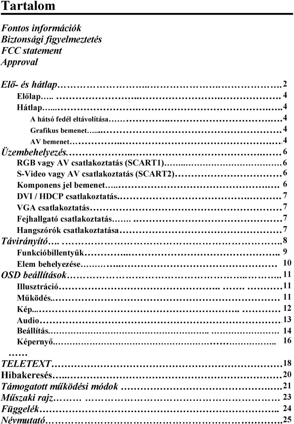 .. 7 VGA csatlakoztatás 7 Fejhallgató csatlakoztatás.. 7 Hangszórók csatlakoztatása 7 Távirányító...8 Funkcióbillentyűk.... 9 Elem behelyezése.. 10 OSD beállítások.