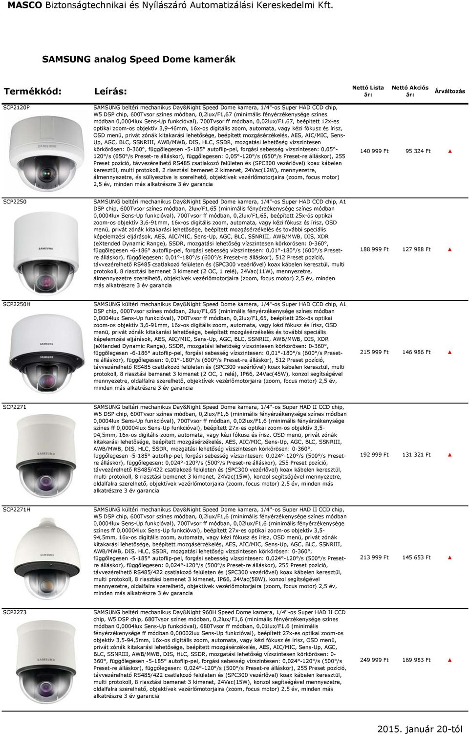 16x-os digitális zoom, automata, vagy kézi fókusz és írisz, OSD menü, privát zónák kitakarási lehetősége, beépített mozgásérzékelés, AES, AIC/MIC, Sens- Up, AGC, BLC, SSNRIII, AWB/MWB, DIS, HLC,