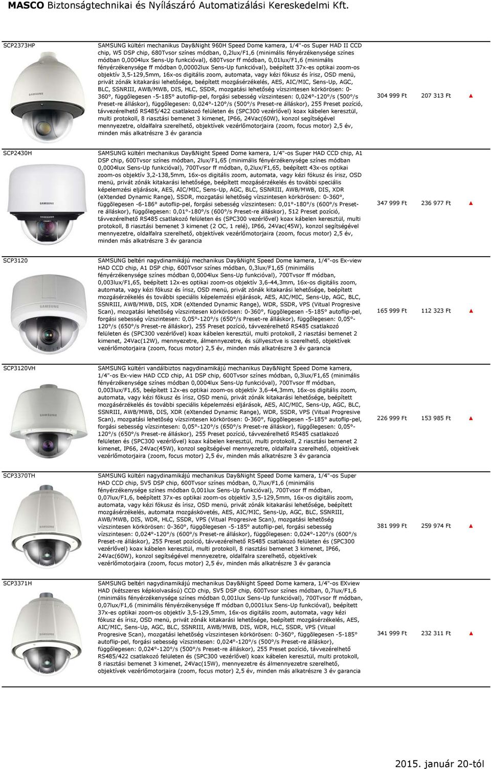 digitális zoom, automata, vagy kézi fókusz és írisz, OSD menü, privát zónák kitakarási lehetősége, beépített mozgásérzékelés, AES, AIC/MIC, Sens-Up, AGC, BLC, SSNRIII, AWB/MWB, DIS, HLC, SSDR,