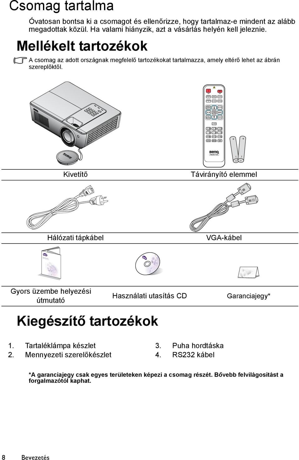 Mellékelt tartozékok A csomag az adott országnak megfelelő tartozékokat tartalmazza, amely eltérő lehet az ábrán szereplőktől.