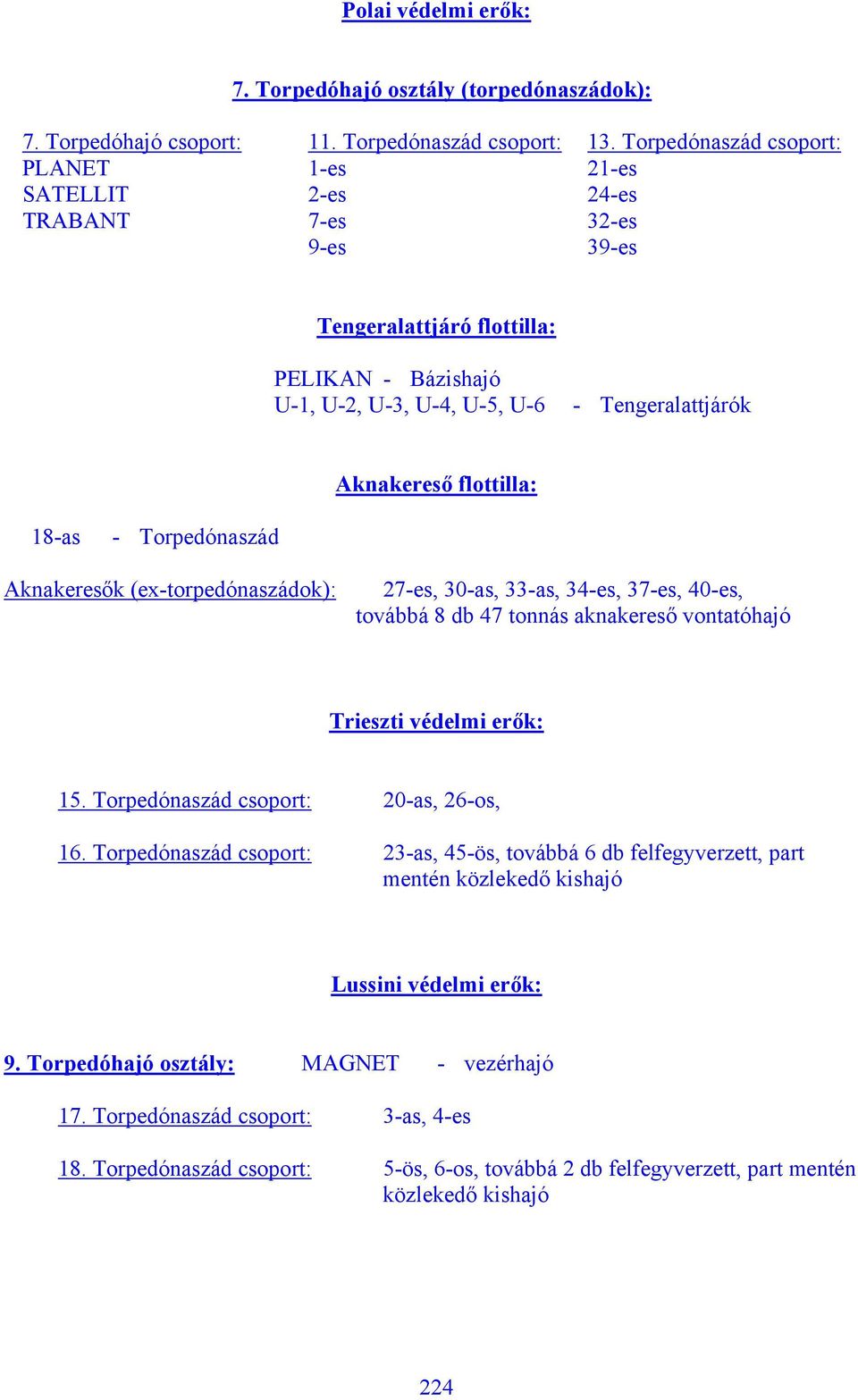 flottilla: 18-as - Torpedónaszád Aknakeresők (ex-torpedónaszádok): 27-es, 30-as, 33-as, 34-es, 37-es, 40-es, továbbá 8 db 47 tonnás aknakereső vontatóhajó Trieszti védelmi erők: 15.