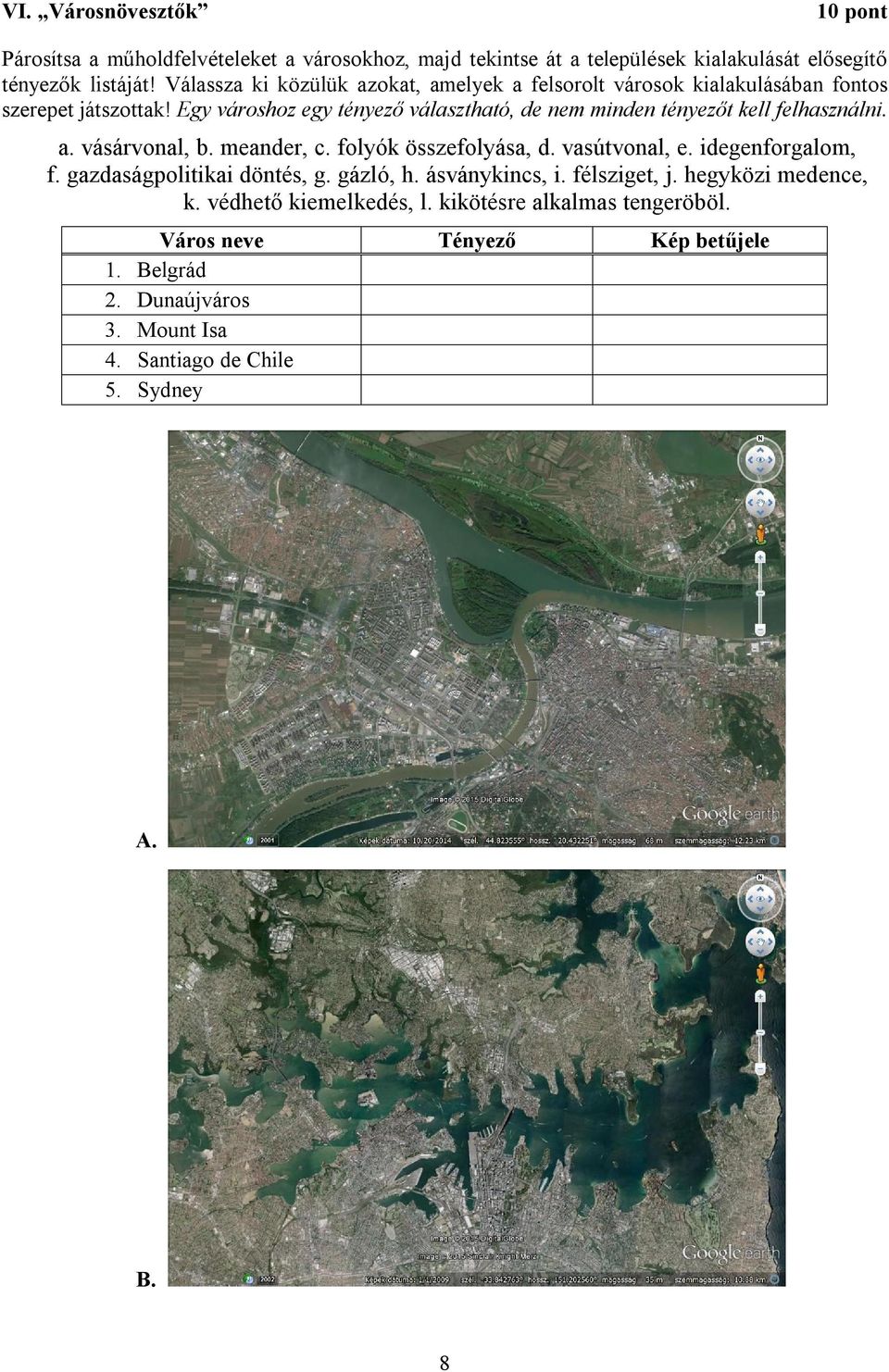 Egy városhoz egy tényező választható, de nem minden tényezőt kell felhasználni. a. vásárvonal, b. meander, c. folyók összefolyása, d. vasútvonal, e. idegenforgalom, f.