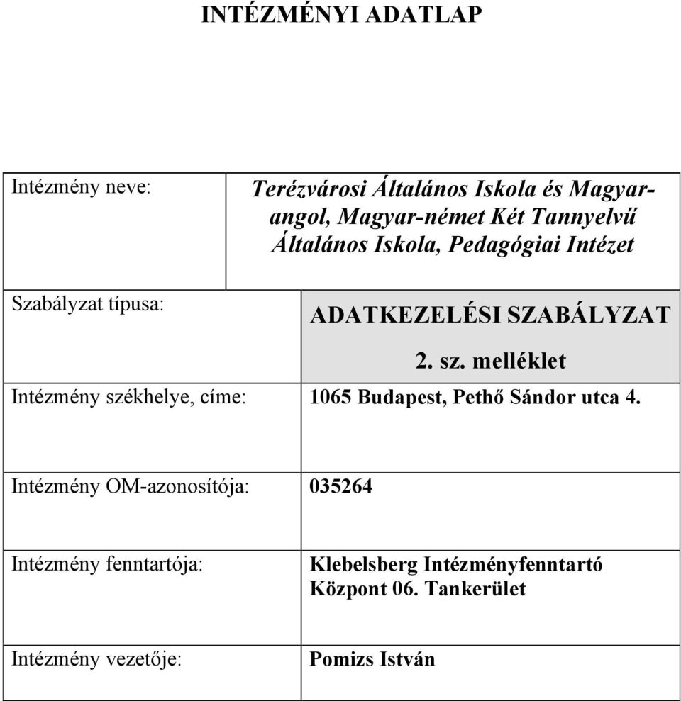 melléklet Intézmény székhelye, címe: 1065 Budapest, Pethő Sándor utca 4.