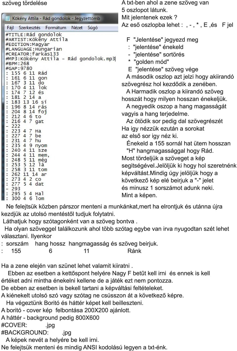 szövegrész hol kezdődik a zenében. A Harmadik oszlop a kiirandó szöveg hosszát hogy milyen hosszan énekeljük. A negyedik oszop a hang magasságát vagyis a hang terjedelme.