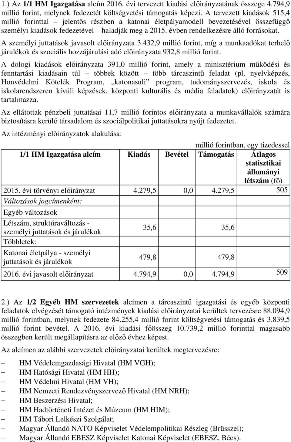 A személyi juttatások javasolt előirányzata 3.432,9 millió forint, míg a munkaadókat terhelő járulékok és szociális hozzájárulási adó előirányzata 932,8 millió forint.
