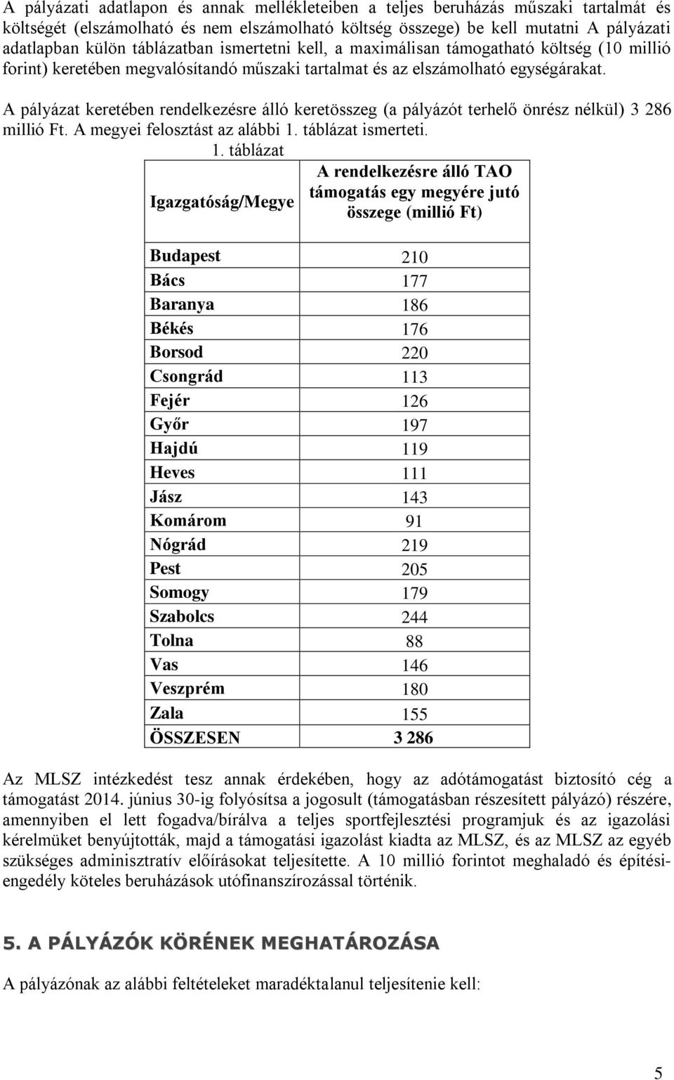 A pályázat keretében rendelkezésre álló keretösszeg (a pályázót terhelő önrész nélkül) 3 286 millió Ft. A megyei felosztást az alábbi 1.