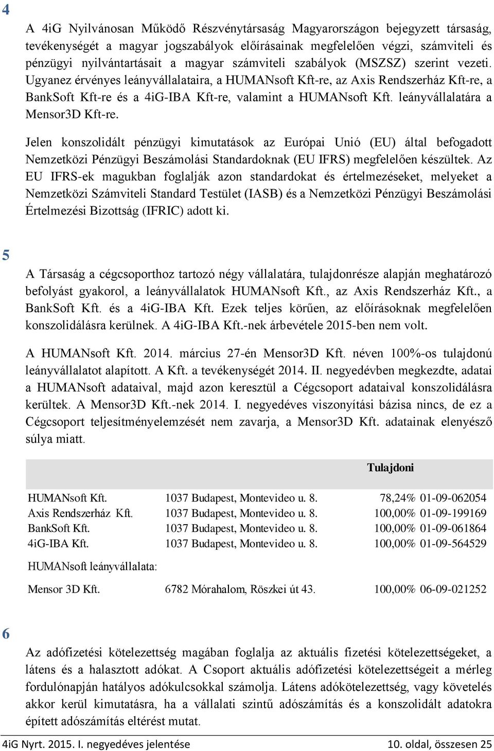 Ugyanez érvényes leányvállalataira, a HUMANsoft Kft-re, az Axis Rendszerház Kft-re, a BankSoft Kft-re és a 4iG-IBA Kft-re, valamint a HUMANsoft Kft. leányvállalatára a Mensor3D Kft-re.