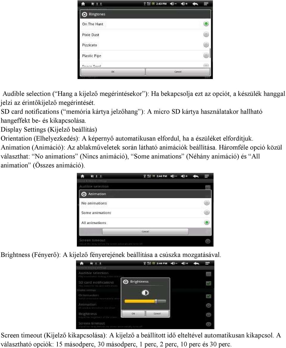 Display Settings (Kijelző beállítás) Orientation (Elhelyezkedés): A képernyő automatikusan elfordul, ha a észüléket elfordítjuk.