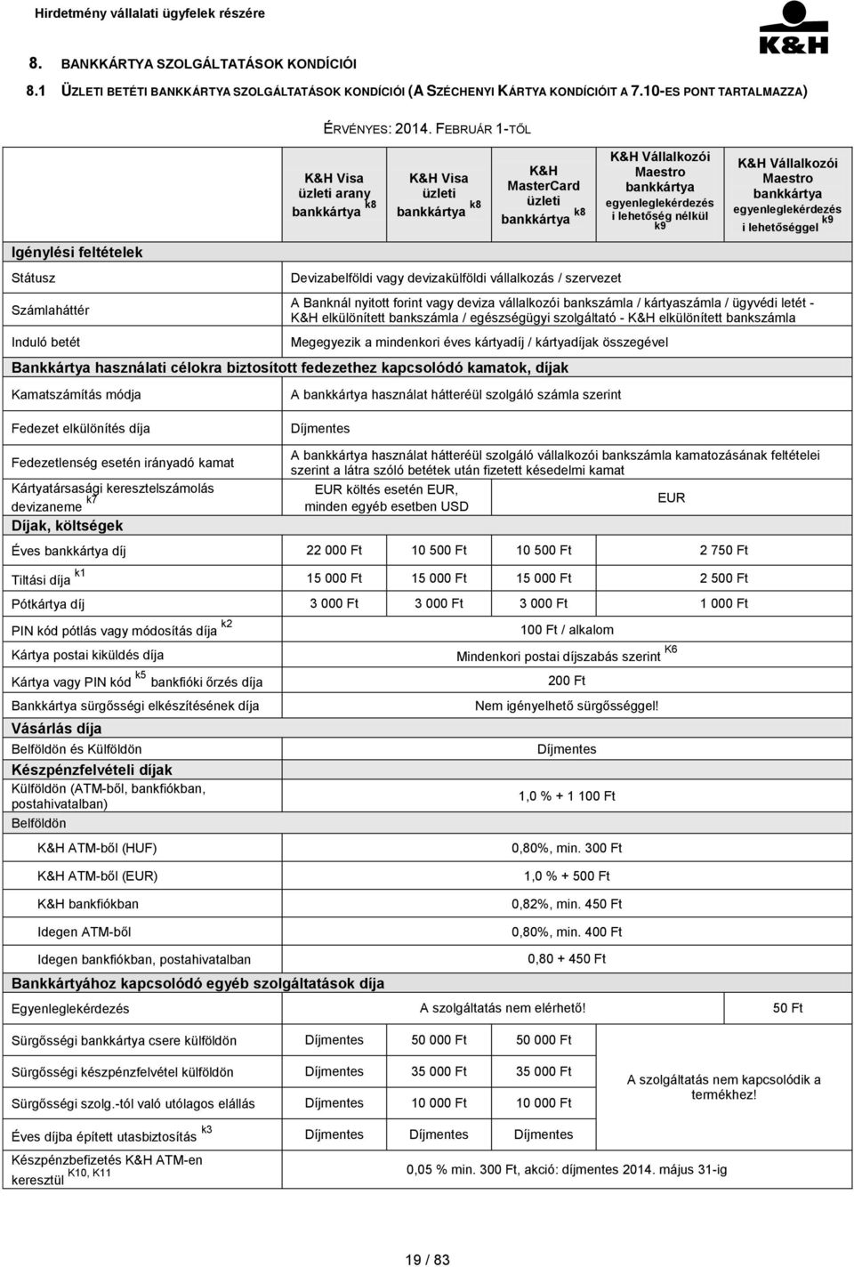 FEBRUÁR 1-TŐL K&H Visa üzleti arany bankkártya k8 K&H Visa üzleti bankkártya k8 K&H MasterCard üzleti bankkártya k8 Devizabelföldi vagy devizakülföldi vállalkozás / szervezet K&H Vállalkozói Maestro