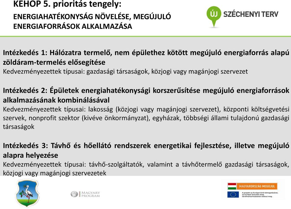 Kedvezményezettek típusai: gazdasági társaságok, közjogi vagy magánjogi szervezet Intézkedés 2: Épületek energiahatékonysági korszerűsítése megújuló energiaforrások alkalmazásának kombinálásával