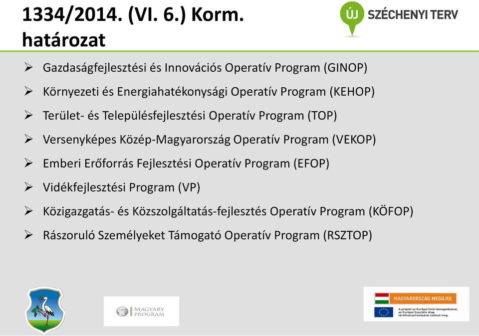 Program (KEHOP) Terület- és Településfejlesztési Operatív Program (TOP) Versenyképes Közép-Magyarország Operatív