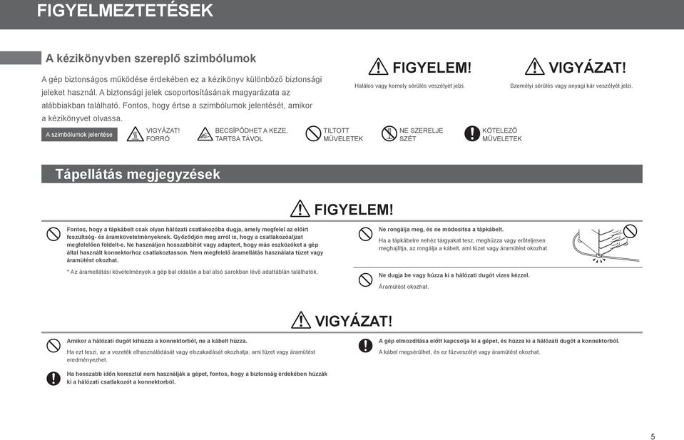 FORRÓ BECSÍPŐDHET A KEZE, TARTSA TÁVOL TILTOTT MŰVELETEK FIGYELEM! Halálos vagy komoly sérülés veszélyét jelzi. NE SZERELJE SZÉT KÖTELEZŐ MŰVELETEK VIGYÁZAT!