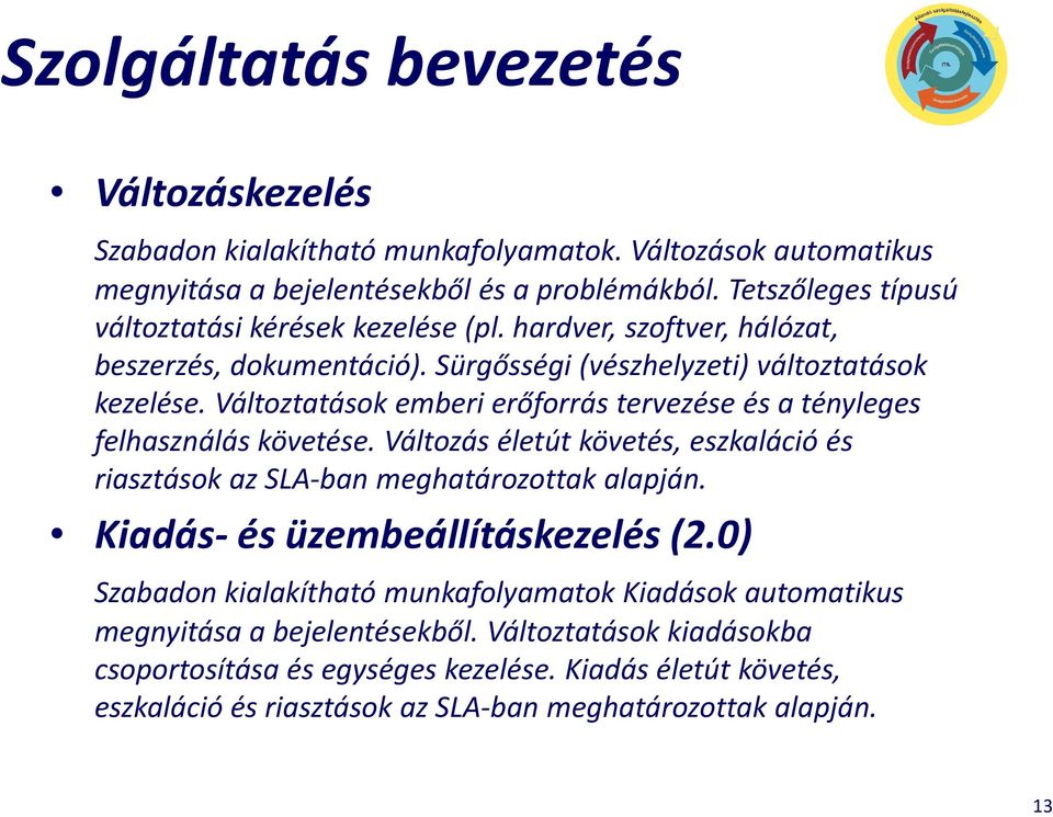 Változtatások emberi erőforrás tervezése és a tényleges felhasználás követése. Változás életút követés, eszkaláció és riasztások az SLA-banmeghatározottak alapján.