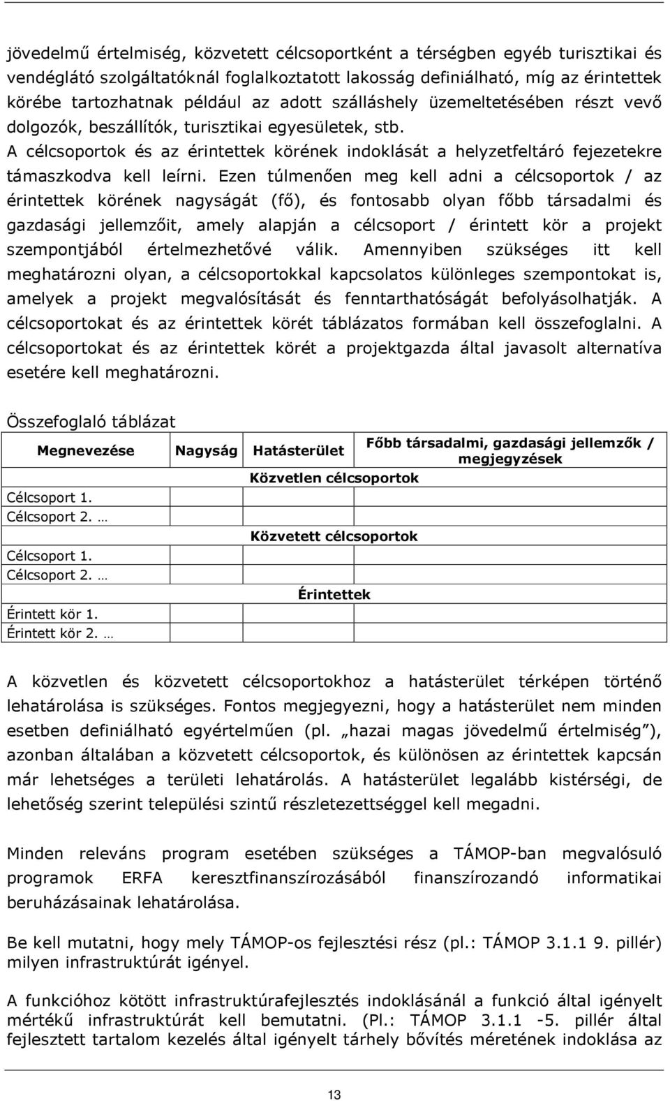 A célcsoportok és az érintettek körének indoklását a helyzetfeltáró fejezetekre támaszkodva kell leírni.