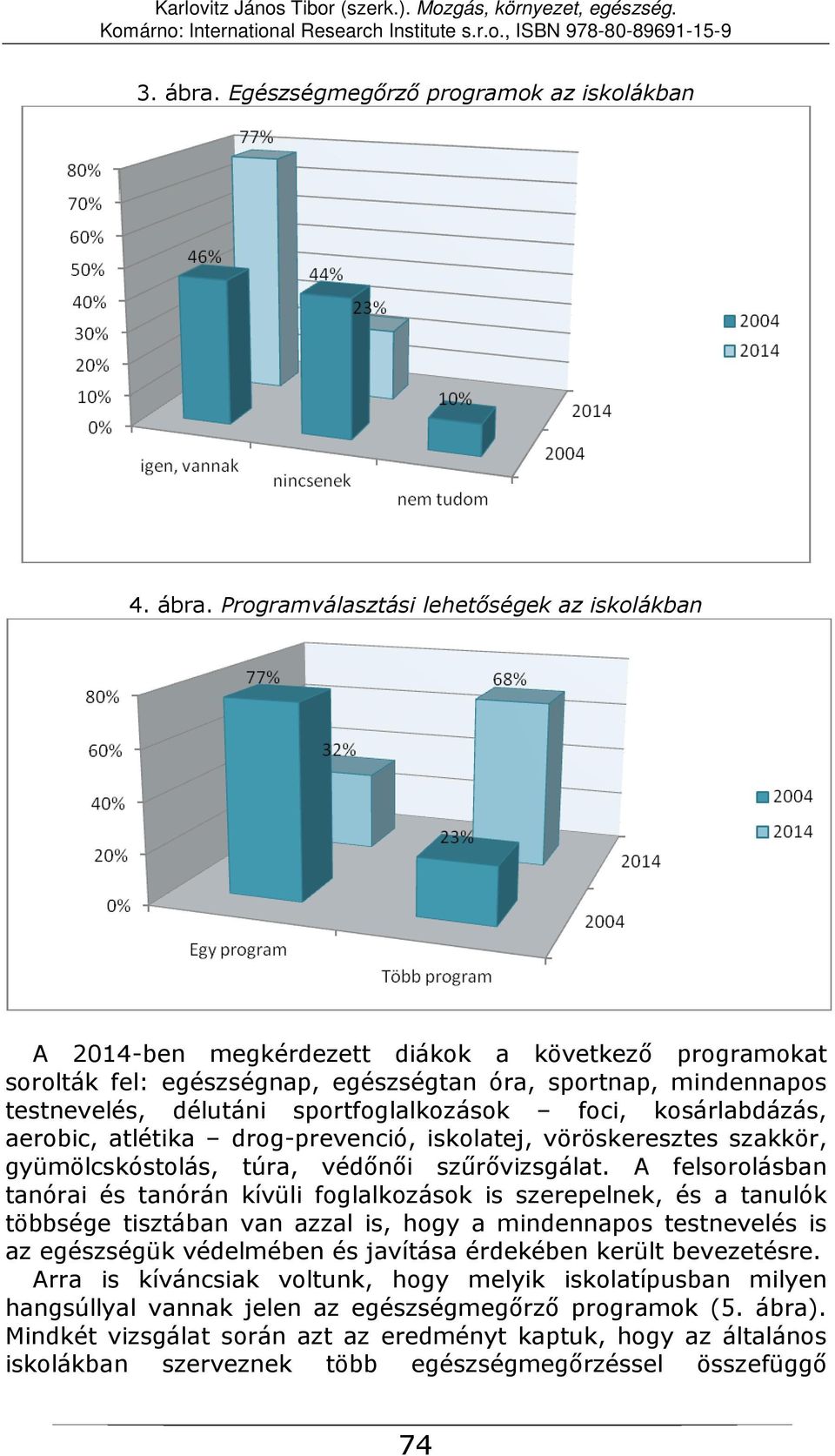 Programválasztási lehetőségek az iskolákban A 2014-ben megkérdezett diákok a következő programokat sorolták fel: egészségnap, egészségtan óra, sportnap, mindennapos testnevelés, délutáni