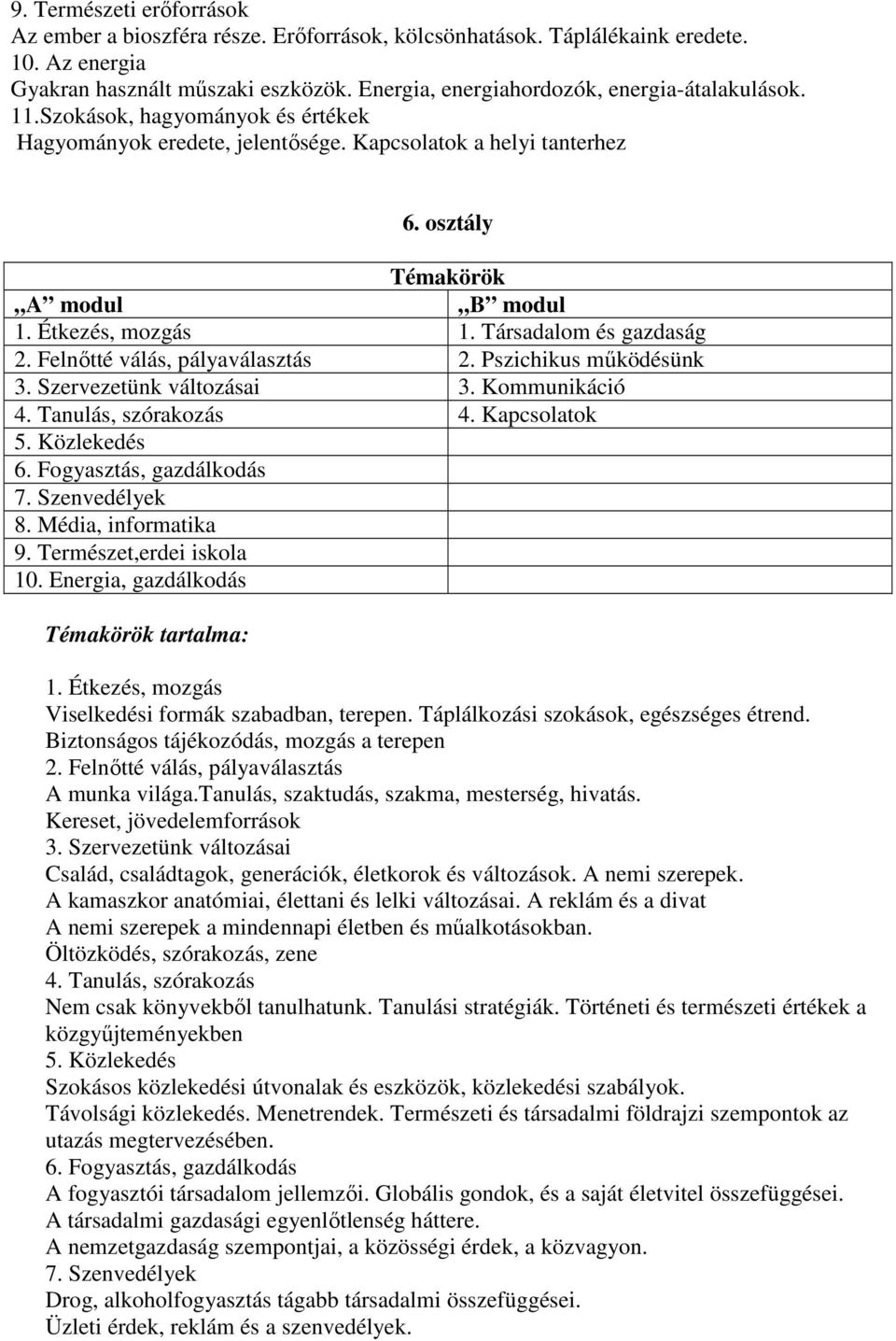 Étkezés, mozgás 1. Társadalom és gazdaság 2. Felnőtté válás, pályaválasztás 2. Pszichikus működésünk 3. Szervezetünk változásai 3. Kommunikáció 4. Tanulás, szórakozás 4. Kapcsolatok 5. Közlekedés 6.