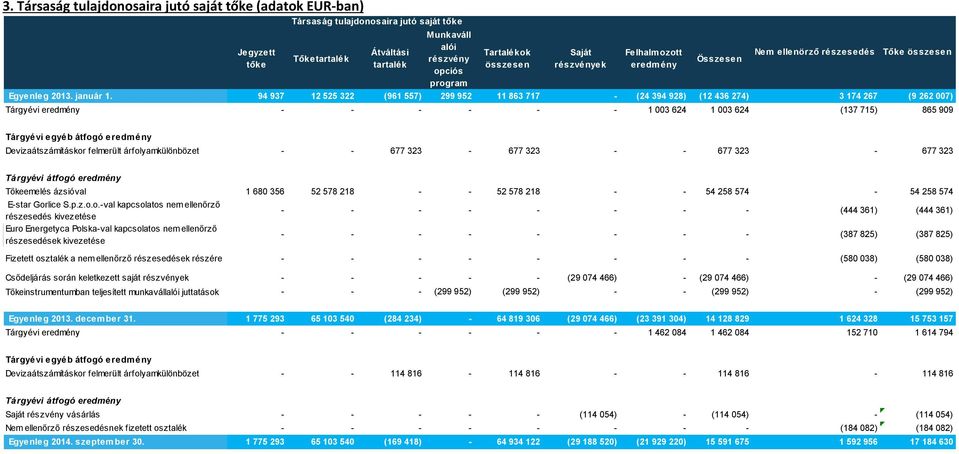 94 937 12 525 322 (961 557) 299 952 11 863 717 - (24 394 928) (12 436 274) 3 174 267 (9 262 007) Tárgyévi eredmény - - - - - - 1 003 624 1 003 624 (137 715) 865 909 Összesen Nem ellenörző részesedés