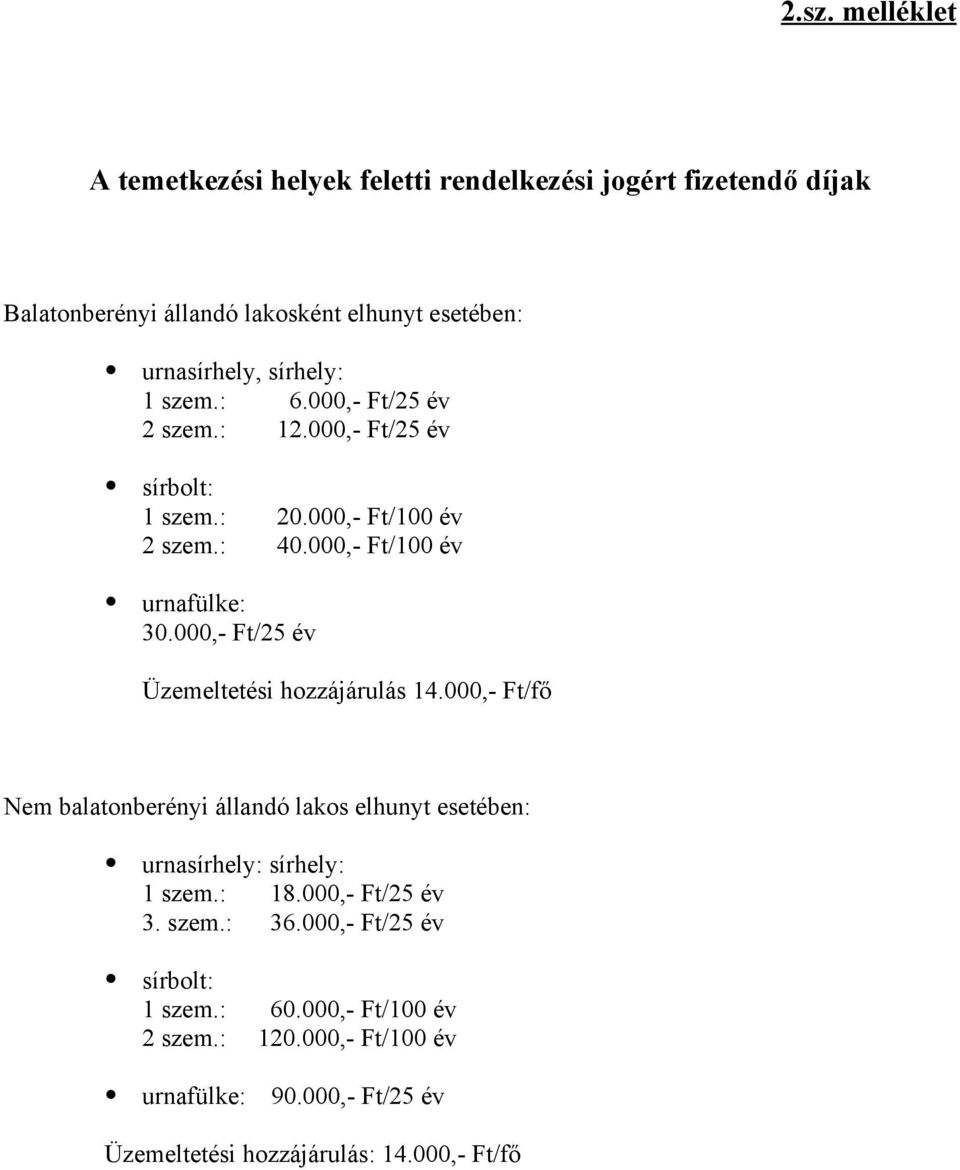 000,- Ft/25 év Üzemeltetési hozzájárulás 14.000,- Ft/fő Nem balatonberényi állandó lakos elhunyt esetében: urnasírhely: sírhely: 1 szem.: 18.