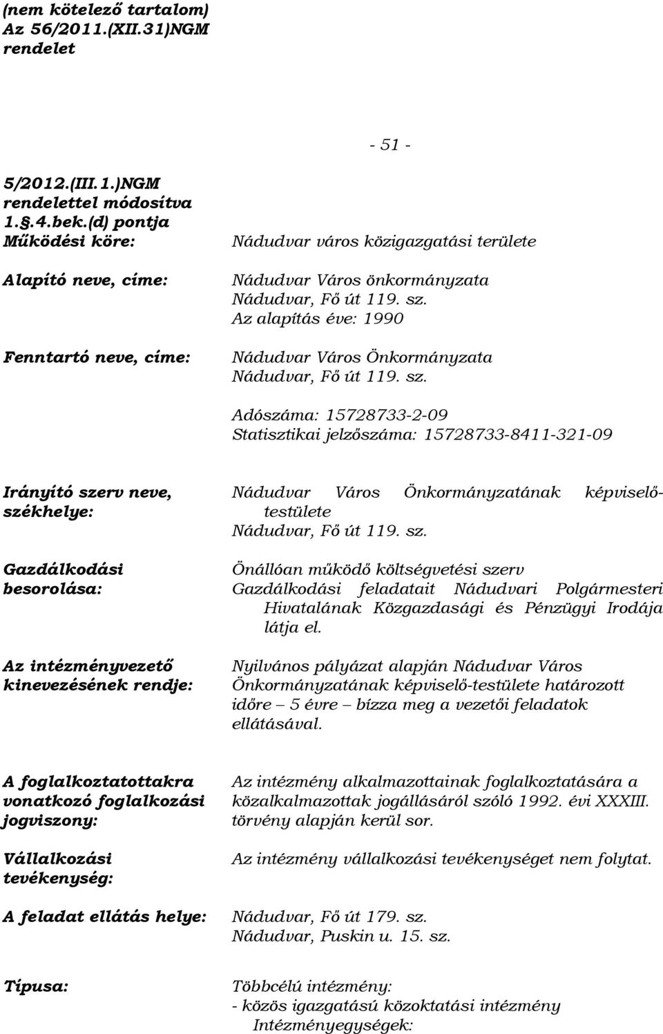 Az alapítás éve: 1990 Nádudvar Város Önkormányzata Nádudvar, Fő út 119. sz.