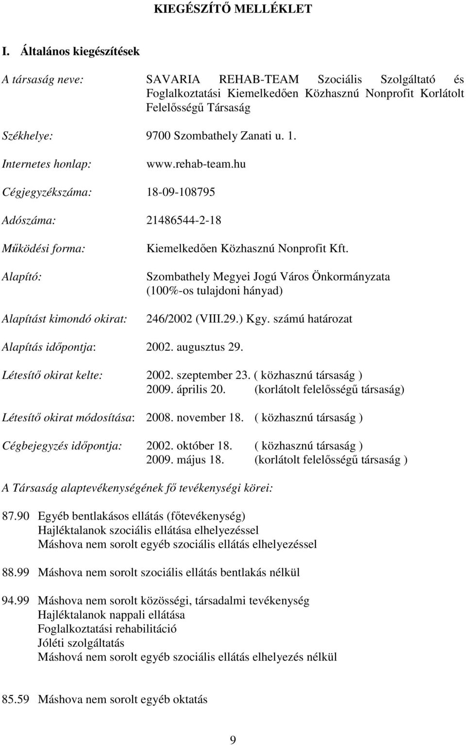 u. 1. Internetes honlap: www.rehab-team.hu Cégjegyzékszáma: 18-09-108795 Adószáma: 21486544-2-18 Működési forma: Alapító: Alapítást kimondó okirat: Kiemelkedően Közhasznú Nonprofit Kft.