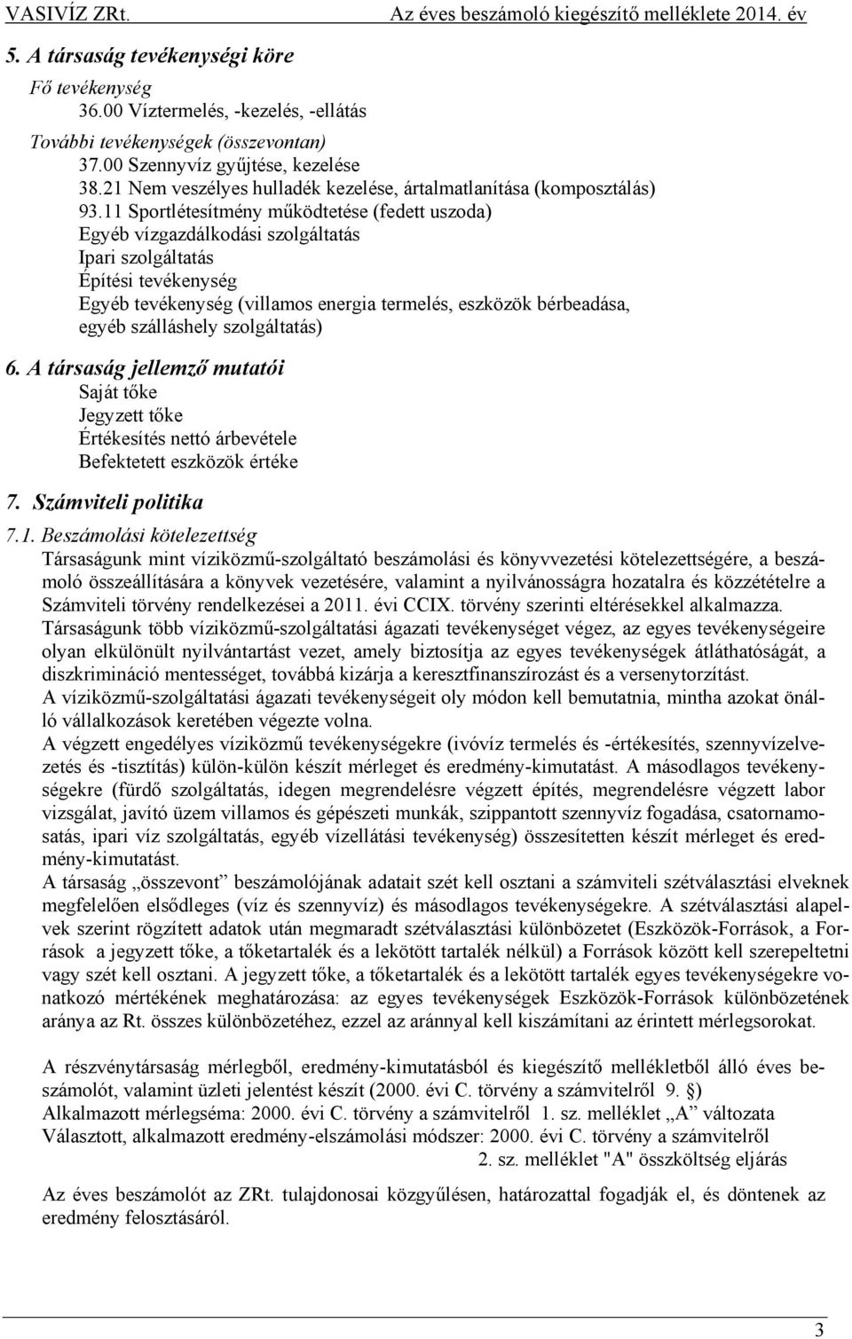 11 Sportlétesítmény működtetése (fedett uszoda) Egyéb vízgazdálkodási szolgáltatás Ipari szolgáltatás Építési tevékenység Egyéb tevékenység (villamos energia termelés, eszközök bérbeadása, egyéb