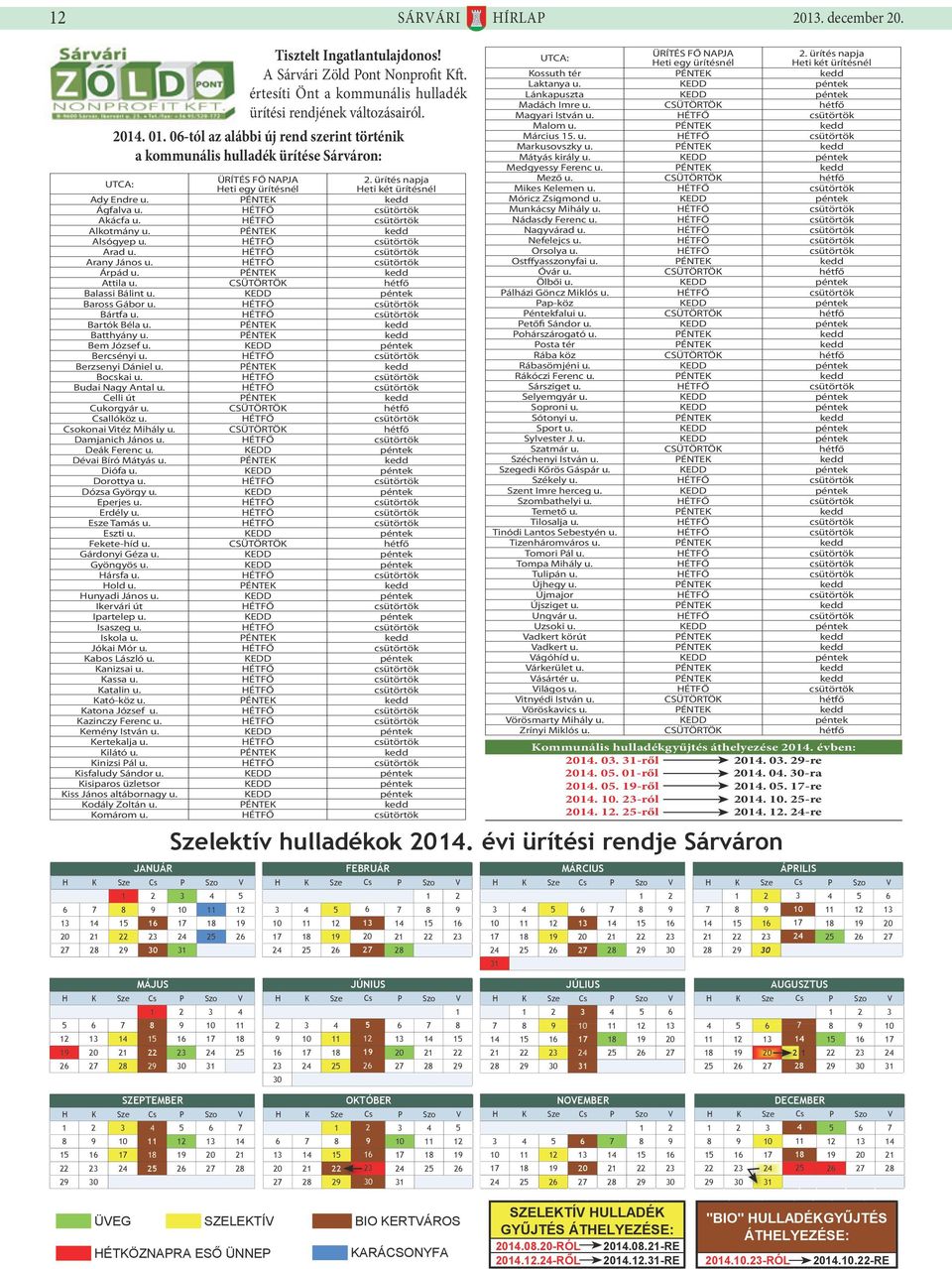 K Sze P Szo V 1 1 8 1 8 Szelektív hulladékok. évi ürítési rendje Sárváron 1 1 8 1 8 1 1 1 1 1 1 1 1 1 1 1  K Sze P Szo V 1 1 8 1 8 Szelektív hulladékok.