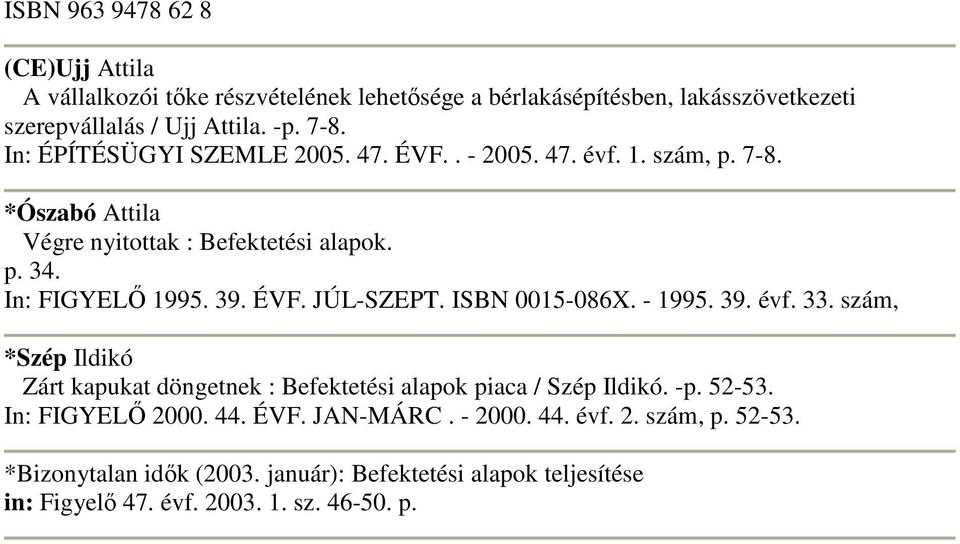 ISBN 0015-086X. - 1995. 39. évf. 33. szám, *Szép Ildikó Zárt kapukat döngetnek : Befektetési alapok piaca / Szép Ildikó. -p. 52-53. In: FIGYELİ 2000. 44. ÉVF.