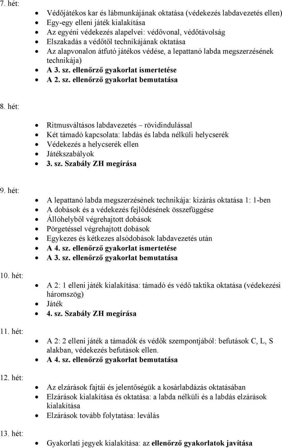 hét: Ritmusváltásos labdavezetés rövidindulással Két támadó kapcsolata: labdás és labda nélküli helycserék Védekezés a helycserék ellen Játékszabályok 3. sz. Szabály ZH megírása 9. hét: 10. hét: 11.