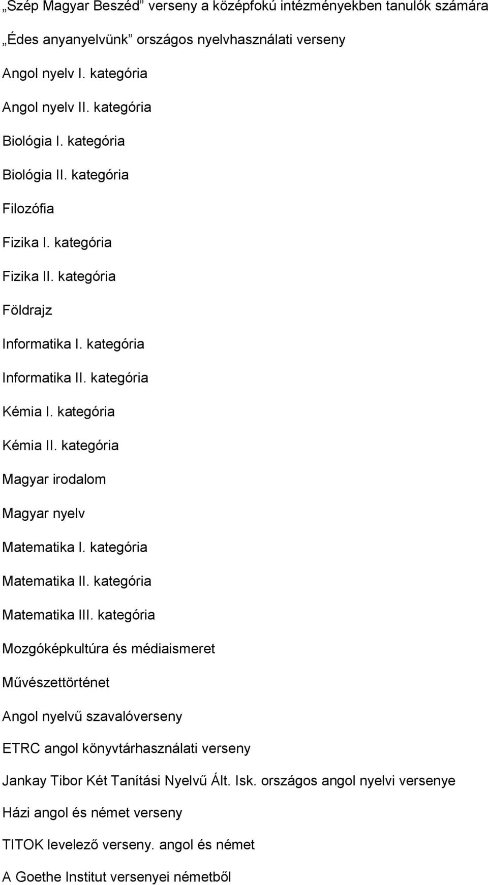 kategória Magyar irodalom Magyar nyelv Matematika I. kategória Matematika II. kategória Matematika III.