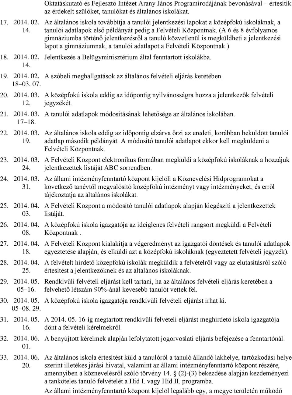 Az általános iskola továbbítja a tanulói jelentkezési lapokat a középfokú iskoláknak, a tanulói adatlapok első példányát pedig a Felvételi Központnak.